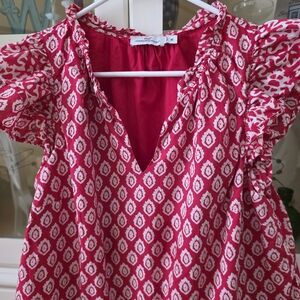 Vineyard Vines Pink Patterned Ruffle Sleeve V-Neck Top
